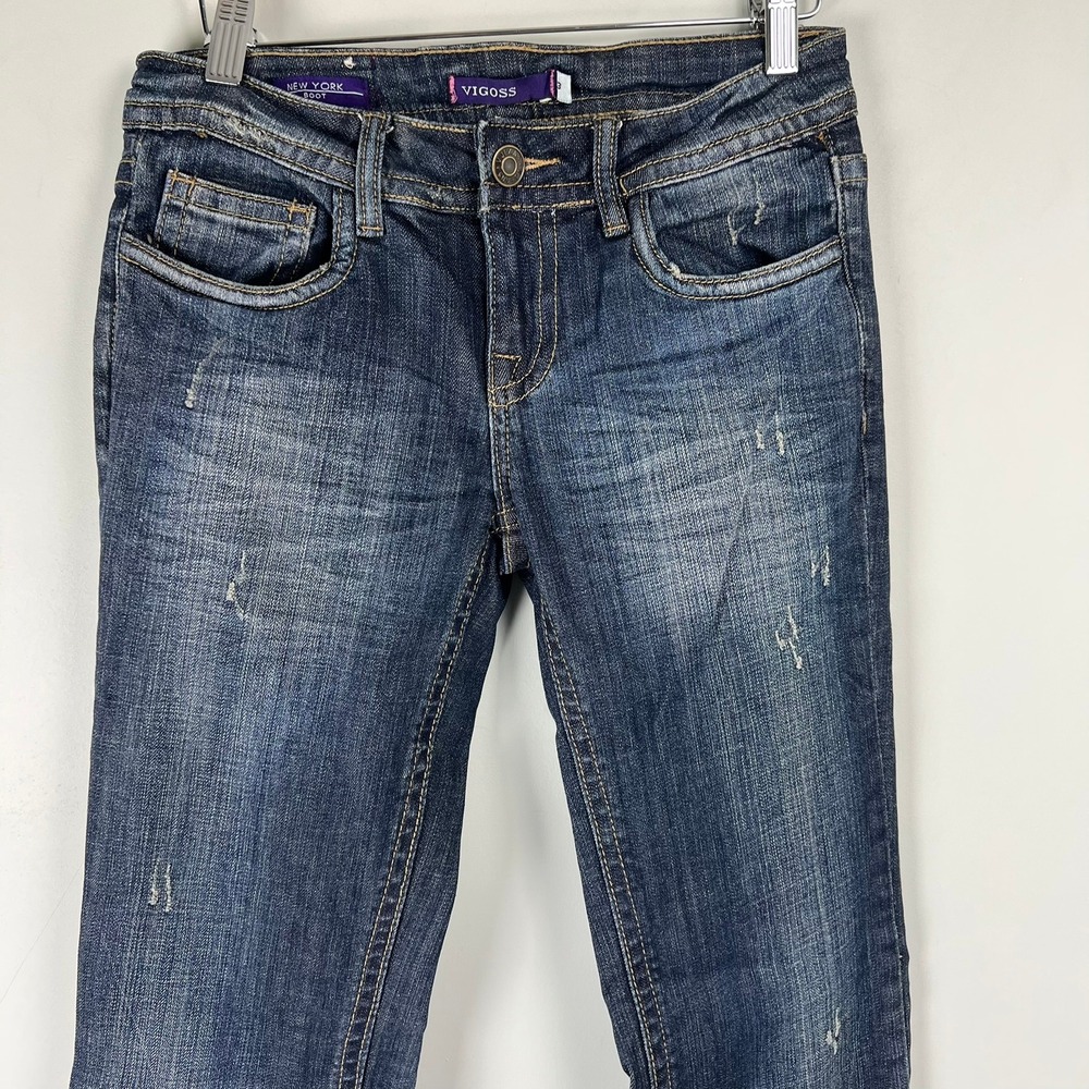 VTG Vigoss Bootcut Jeans Womens 3 Dark Wash Distressed Flap Pocket Y2k Grunge - Picture 2 of 10